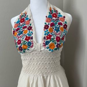 Artisan embroidered floral halter midi dress